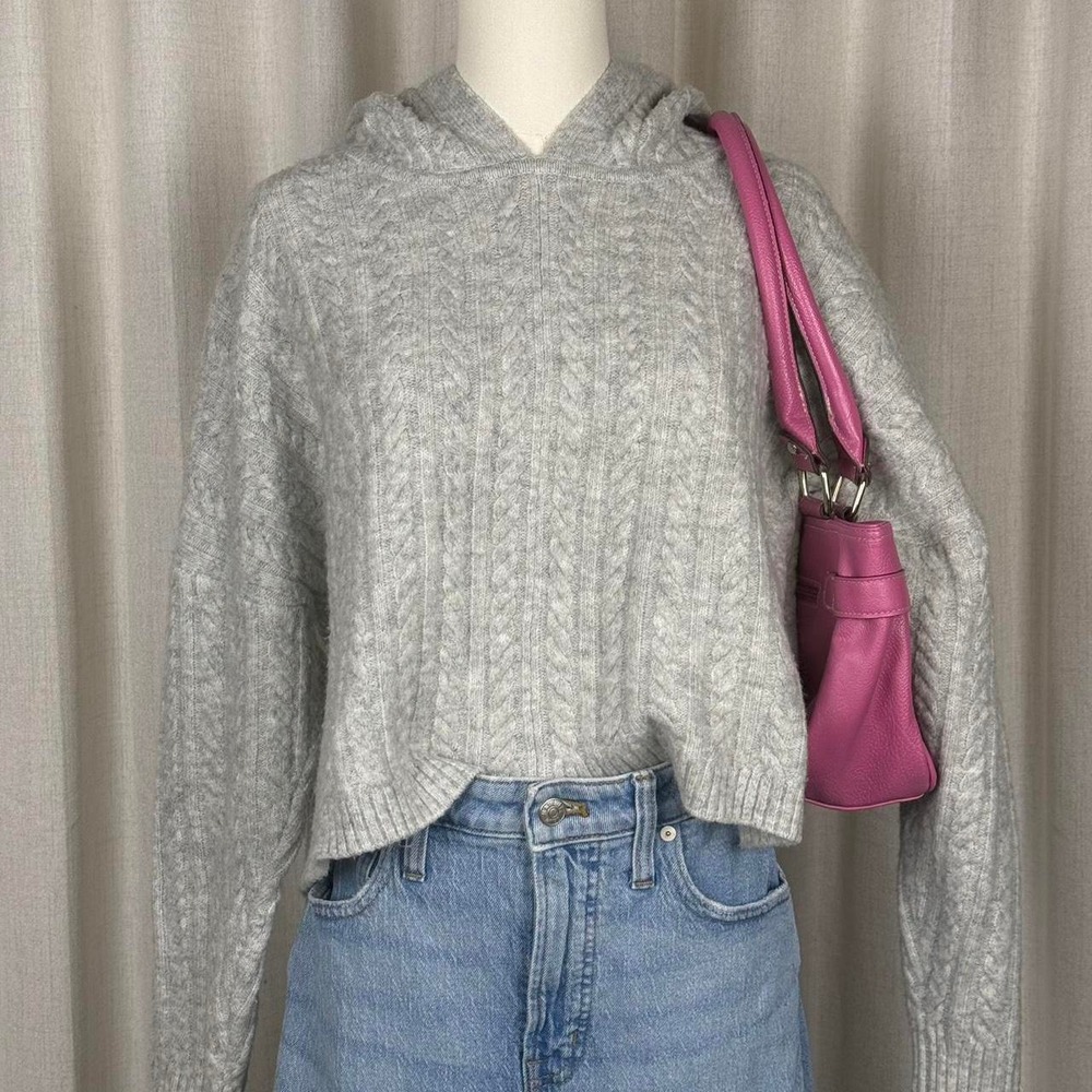 Express Womens Grey Cable Knit Oversized Hoodie Sweater Size S